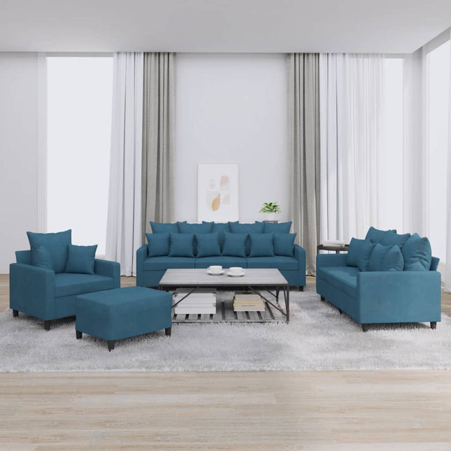 4-Delige Loungeset Met Kussens Fluweel Blauw met kussens en voetenbankje