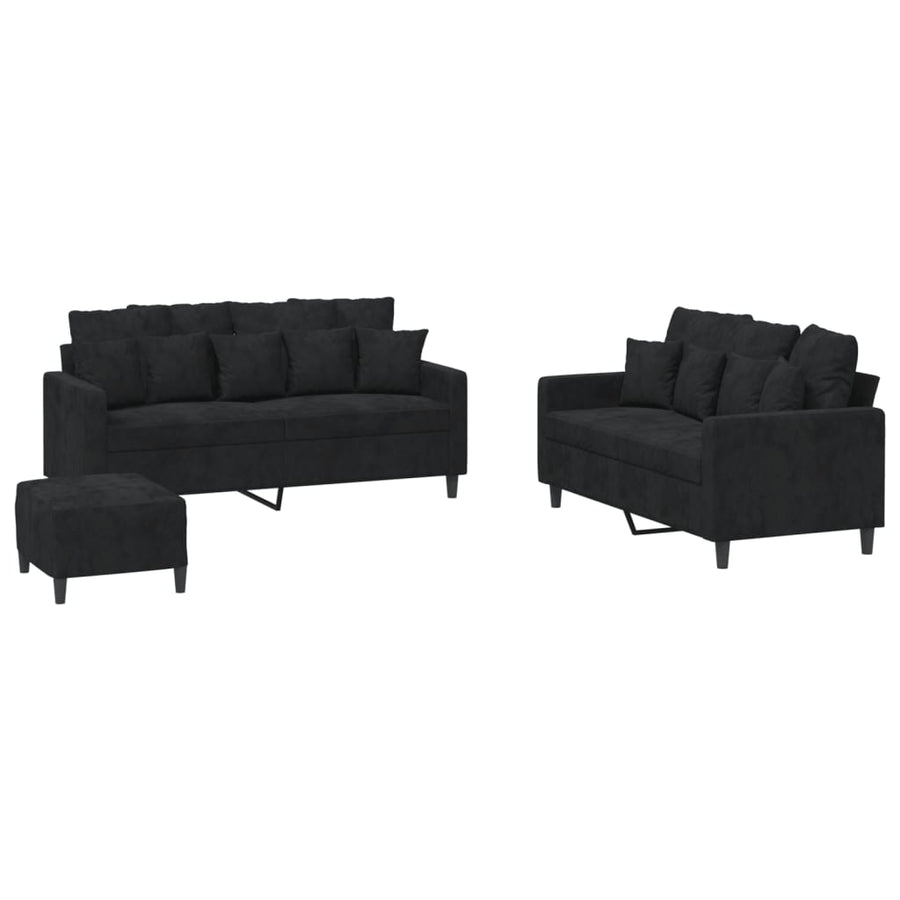 3-delige Loungeset met kussens fluweel zwart