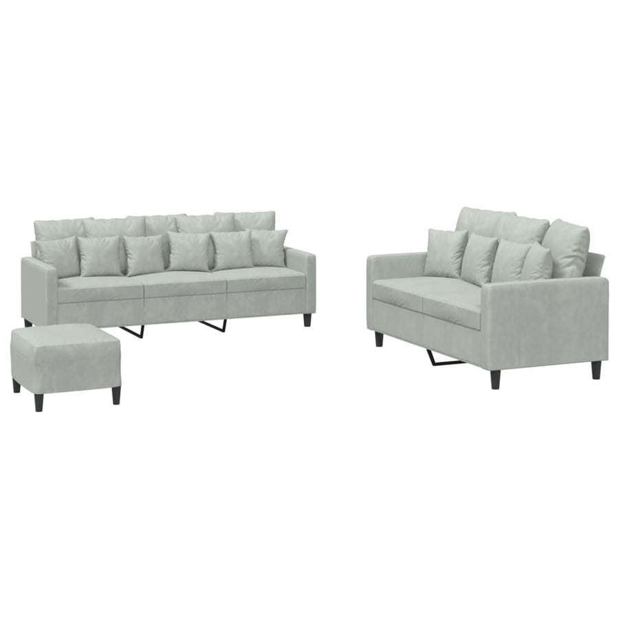 3-Delige Loungeset Met Kussens Fluweel Lichtgrijs met kussens en voetenbankje