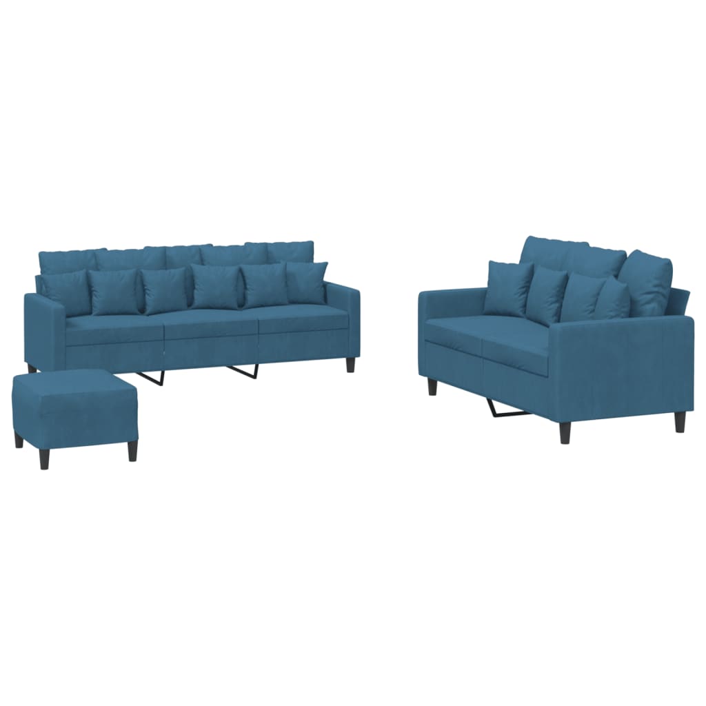3-Delige Loungeset Met Kussens Fluweel Blauw met kussens en voetenbankje