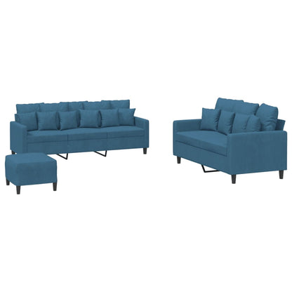 3-Delige Loungeset Met Kussens Fluweel Blauw met kussens en voetenbankje