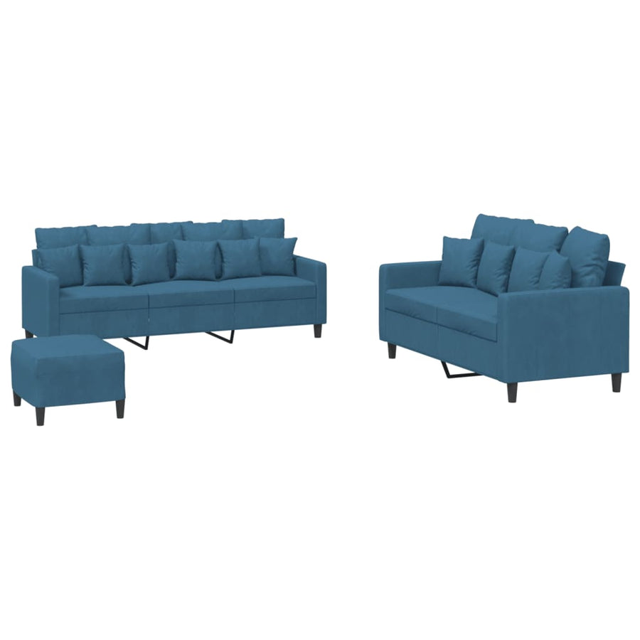 3-Delige Loungeset Met Kussens Fluweel Blauw met kussens en voetenbankje