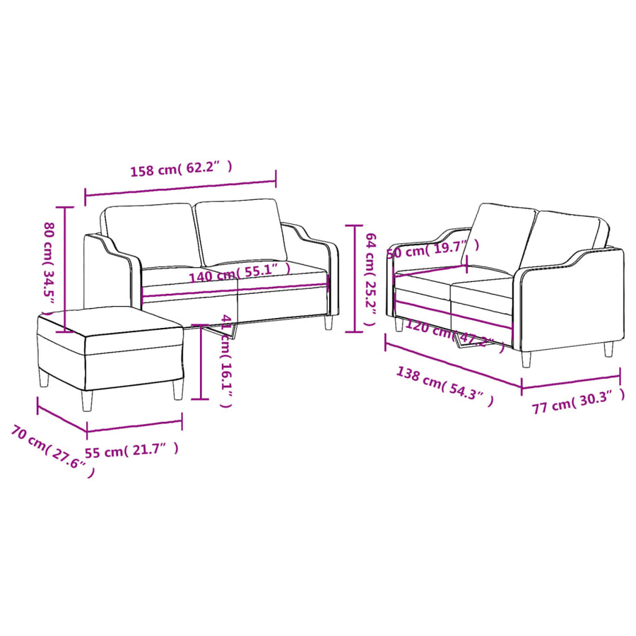 3-delige Loungeset met kussens stof lichtgrijs