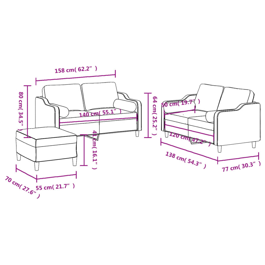 3-delige Loungeset met kussens stof zwart