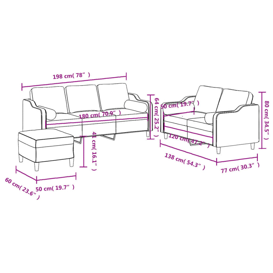 3-delige Loungeset met kussens stof taupe