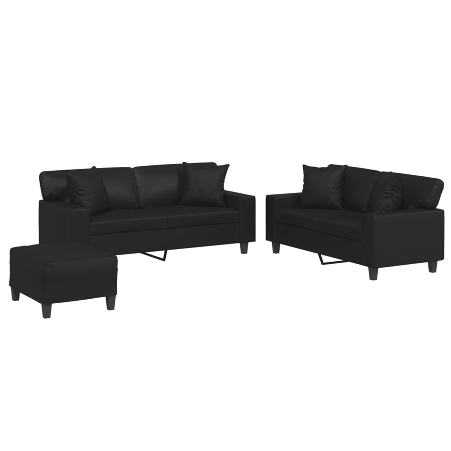 3-delige Loungeset met kussens kunstleer zwart Zwart