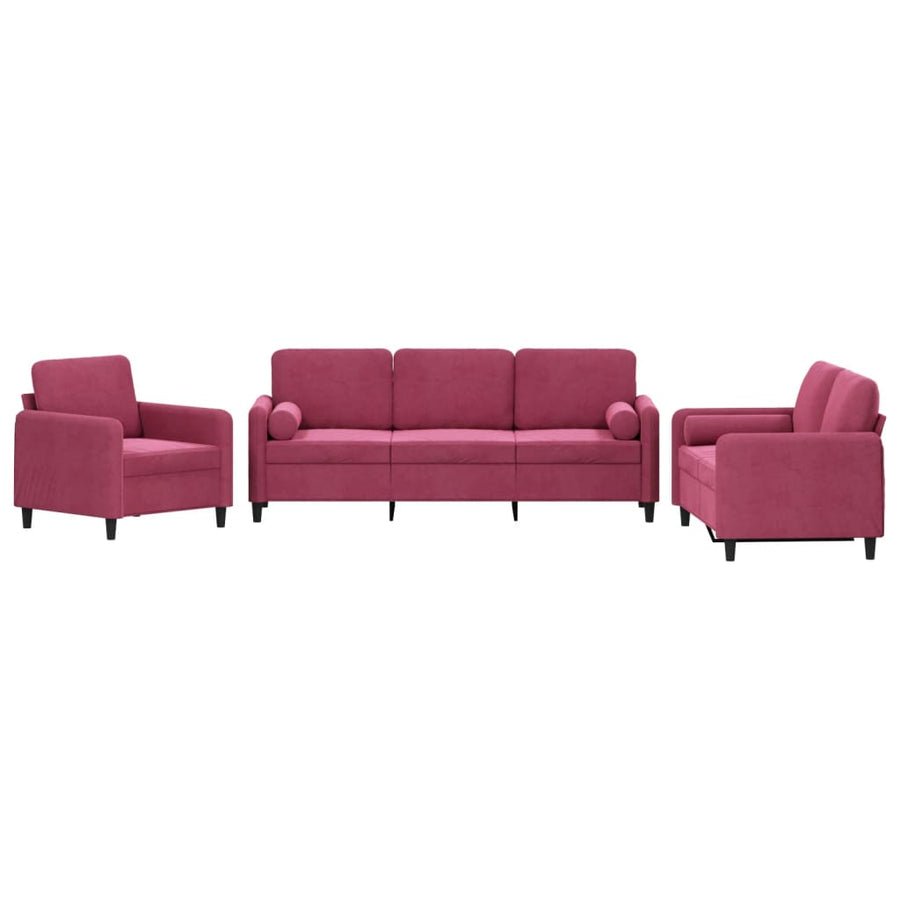 3-delige Loungeset met kussens fluweel wijnrood