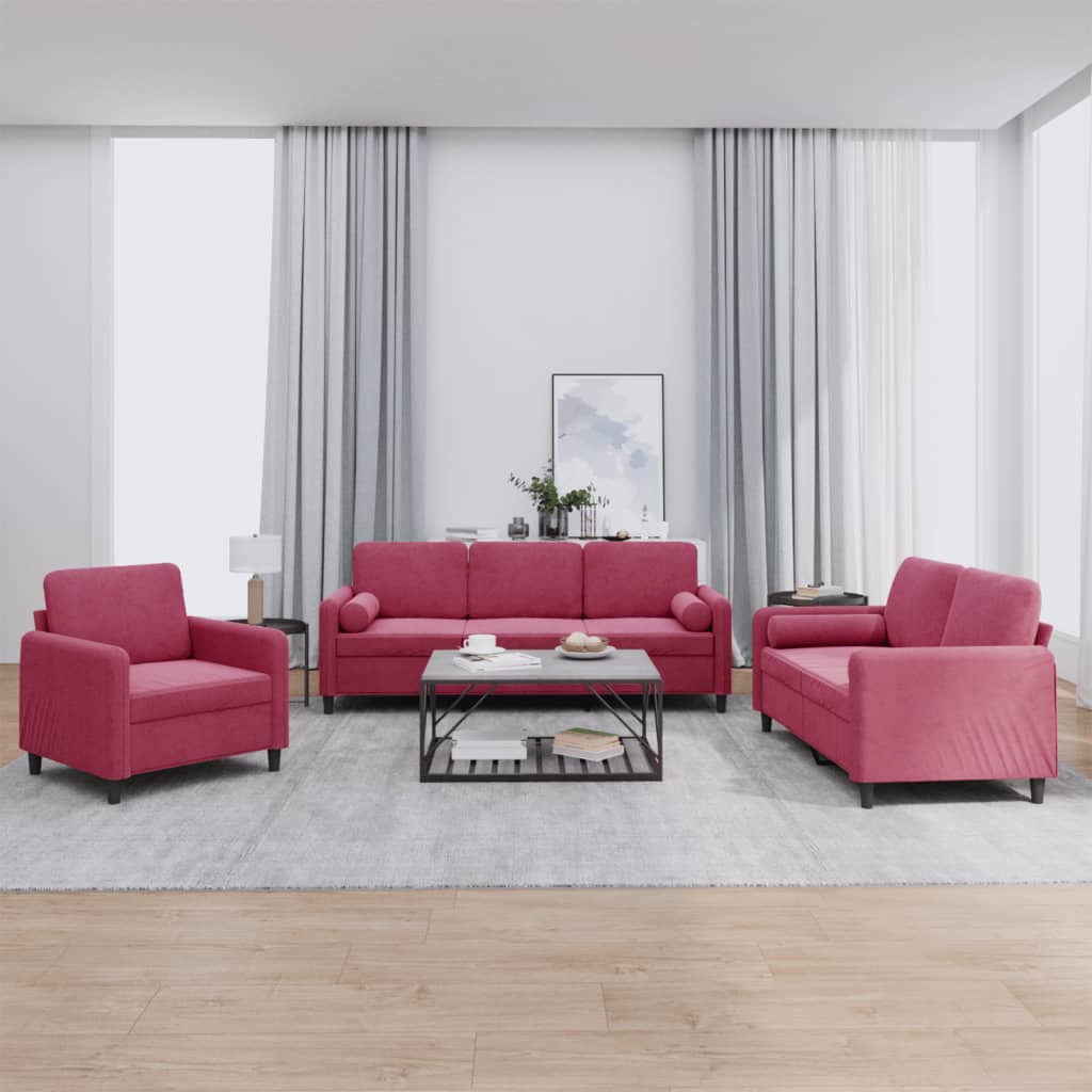 3-delige Loungeset met kussens fluweel wijnrood