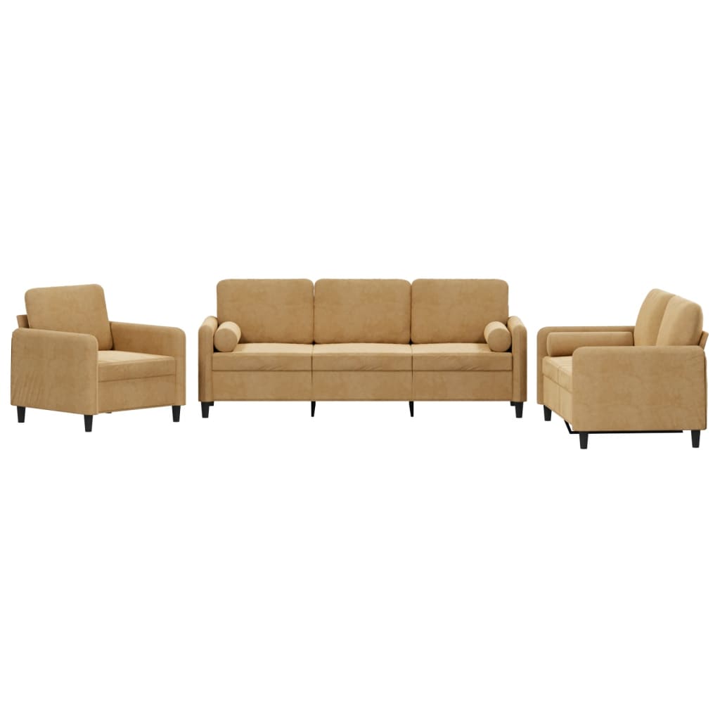 3-delige Loungeset met kussens fluweel bruin Bruin met kussens
