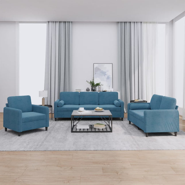 3-delige Loungeset met kussens fluweel blauw Blauw met kussens