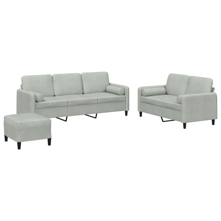 3-Delige Loungeset Met Kussens Fluweel Lichtgrijs met kussens en voetenbankje