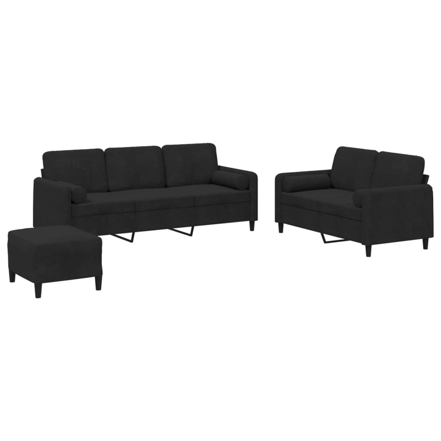 3-Delige Loungeset Met Kussens Fluweel Zwart met kussens en voetenbankje