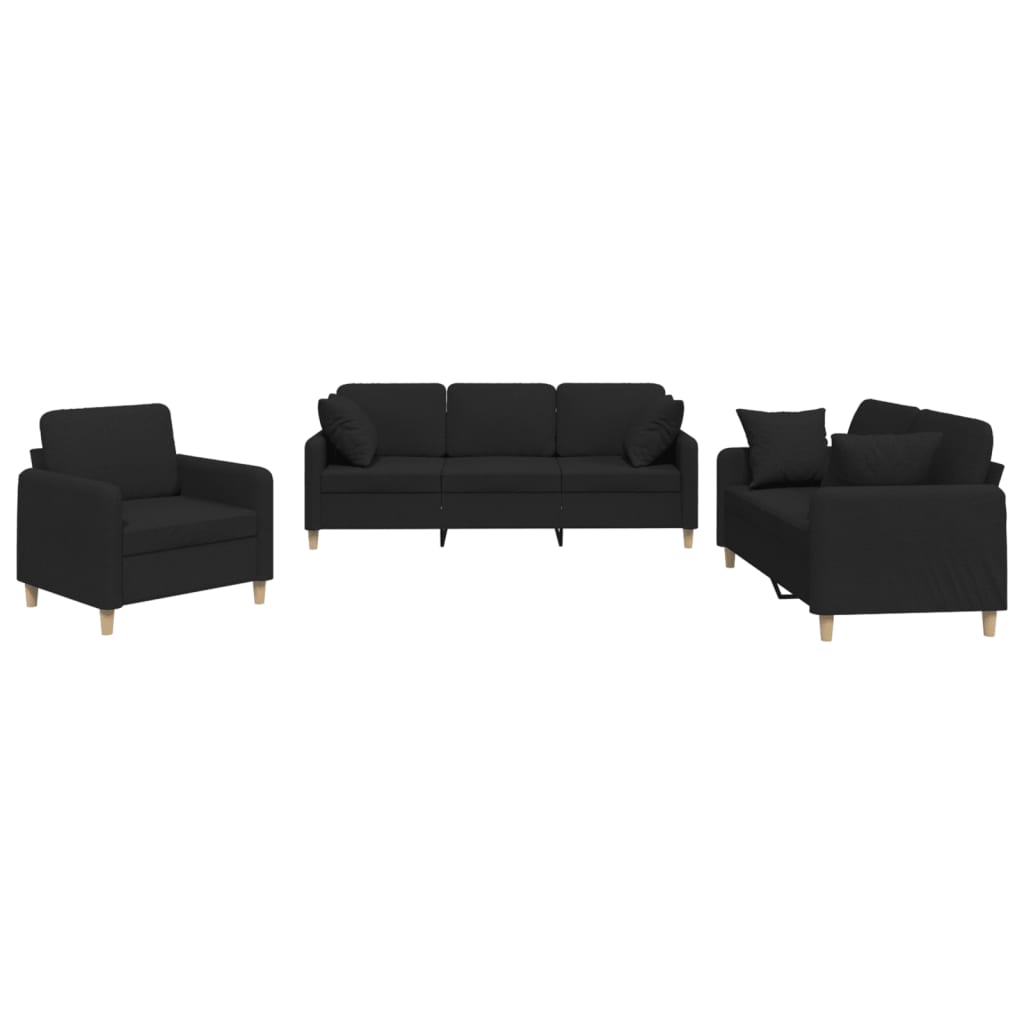 3-delige Loungeset met kussens stof zwart Zwart met kussens