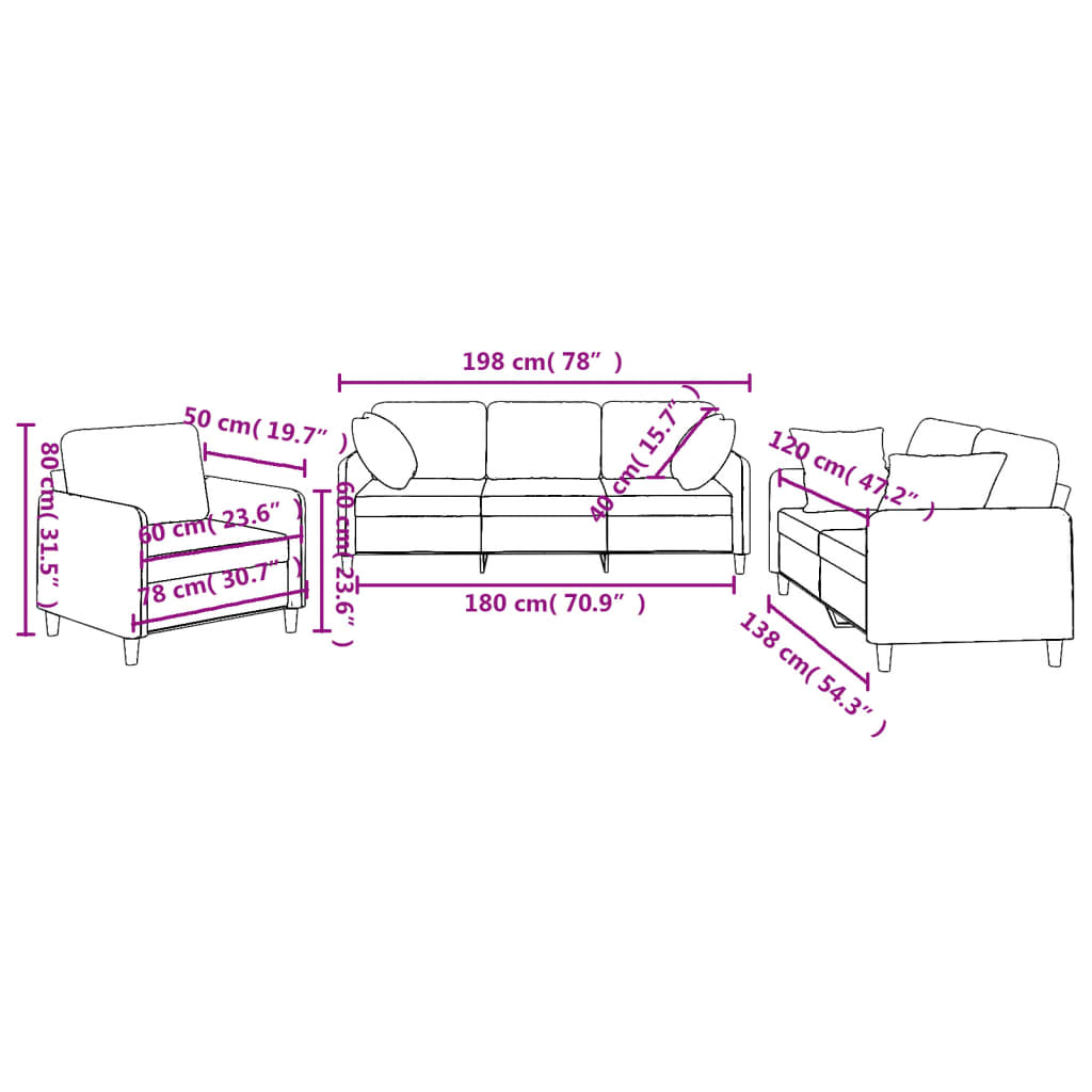 3-delige Loungeset met kussens stof zwart Zwart met kussens