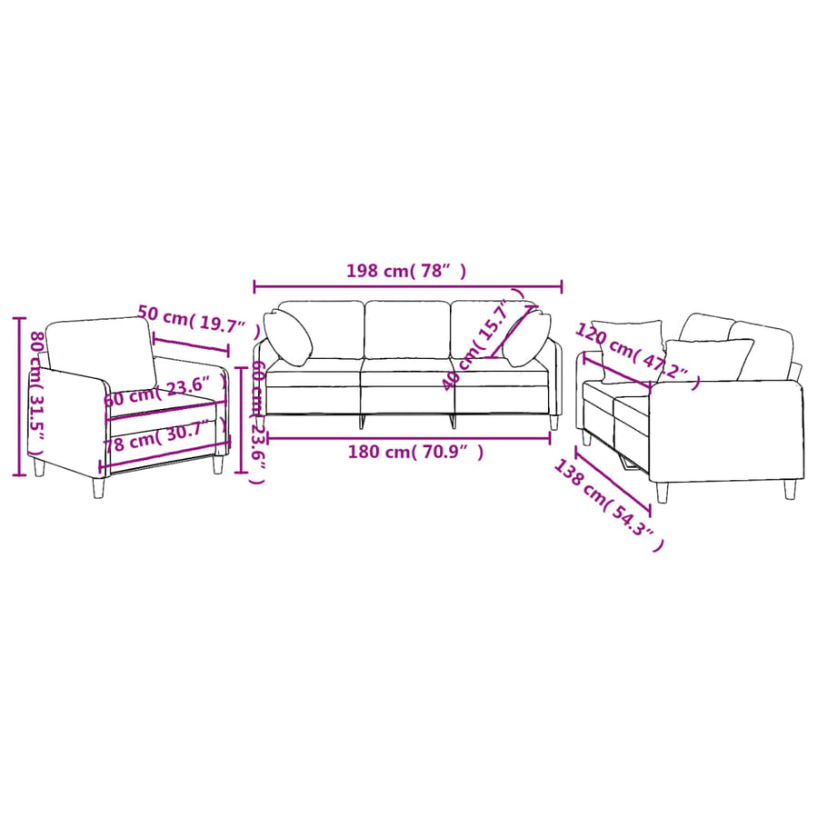 3-delige Loungeset met kussens stof taupe Taupe met kussens