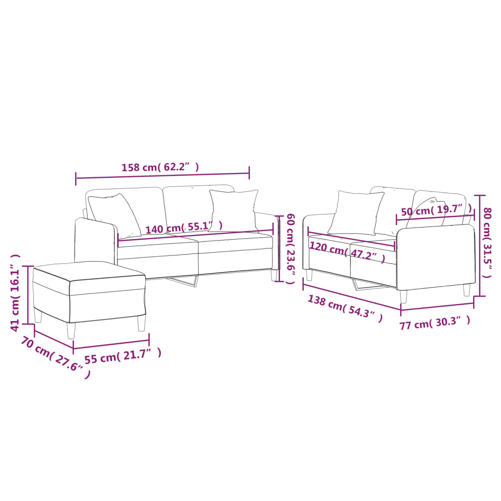 3-delige Loungeset met kussens stof zwart Zwart