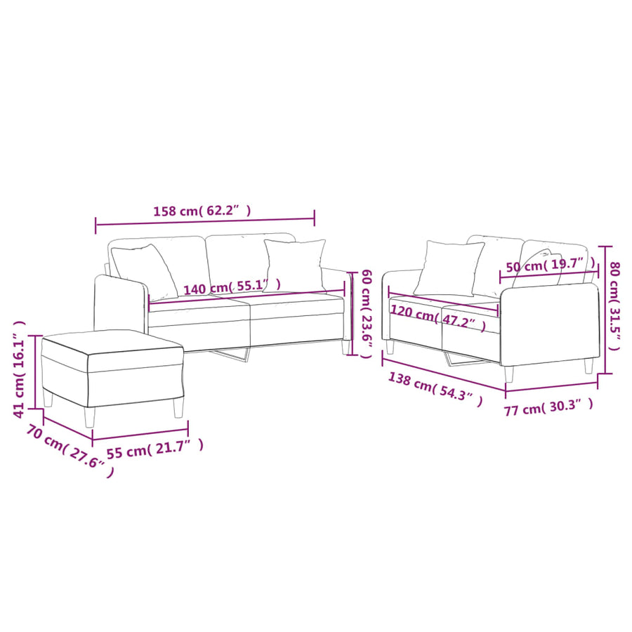 3-delige Loungeset met kussens stof zwart Zwart