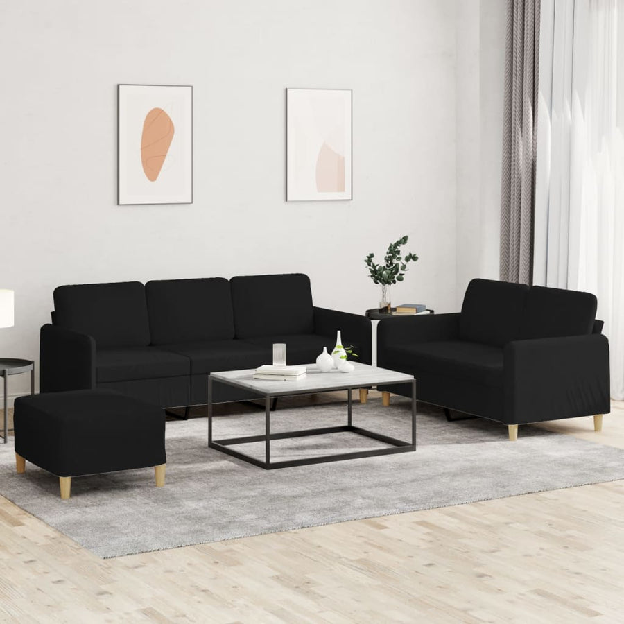 3-Delige Loungeset Met Kussens Stof Zwart met kussens en voetenbankje