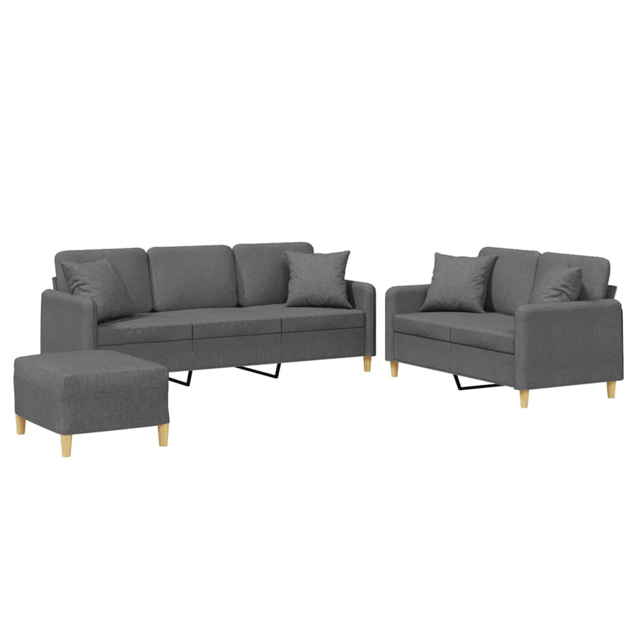 3-Delige Loungeset Met Kussens Stof Donkergrijs met kussens en voetenbankje