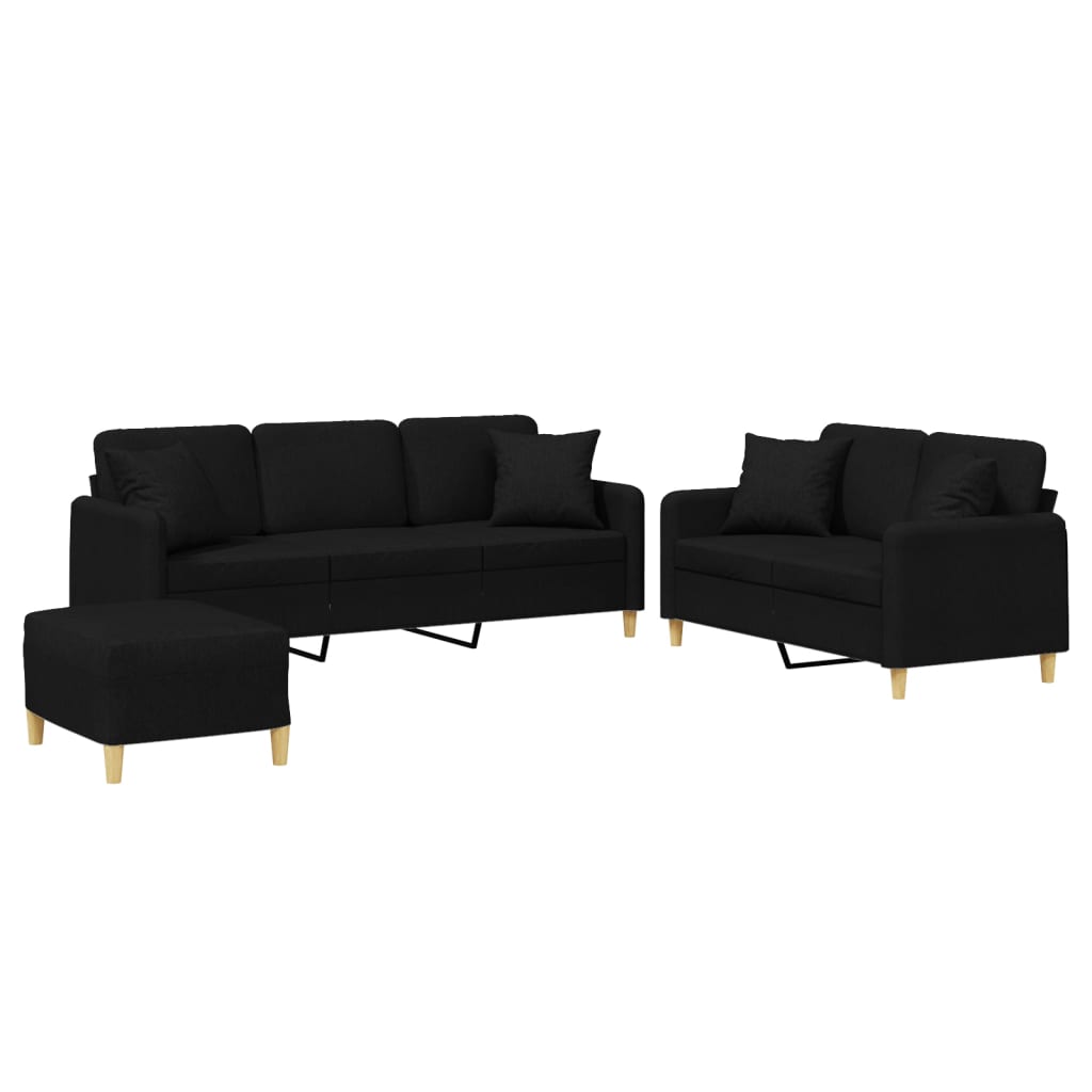 3-Delige Loungeset Met Kussens Stof Zwart met kussens en voetenbankje