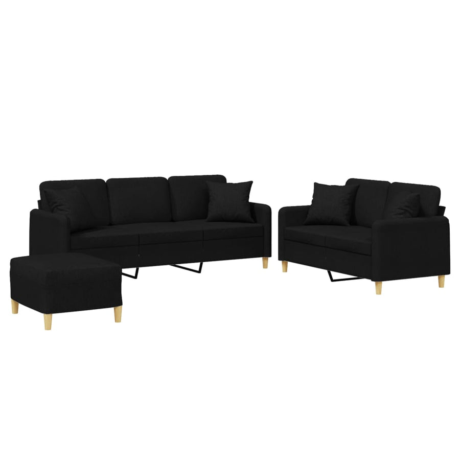 3-Delige Loungeset Met Kussens Stof Zwart met kussens en voetenbankje