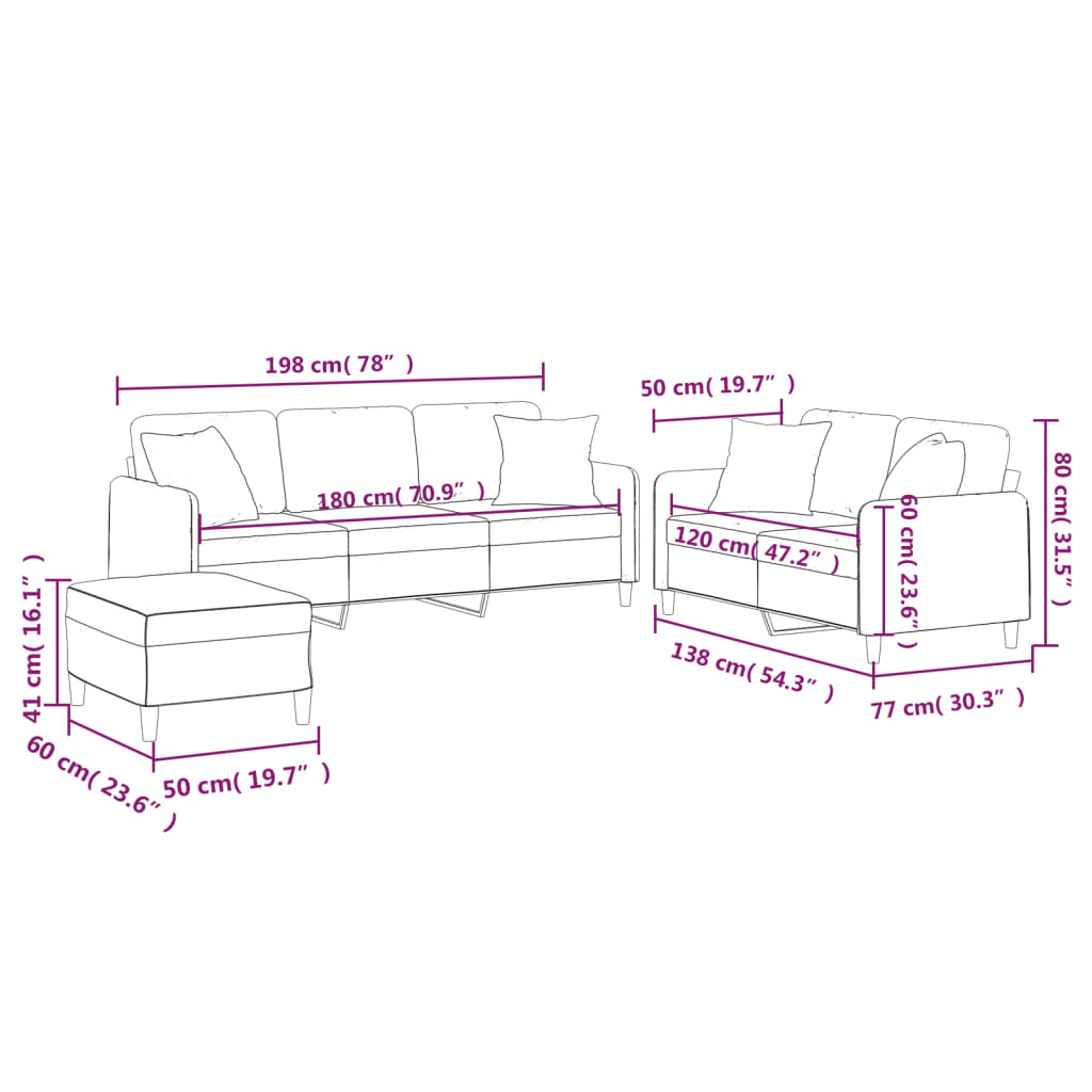 3-delige Loungeset met kussens stof wijnrood