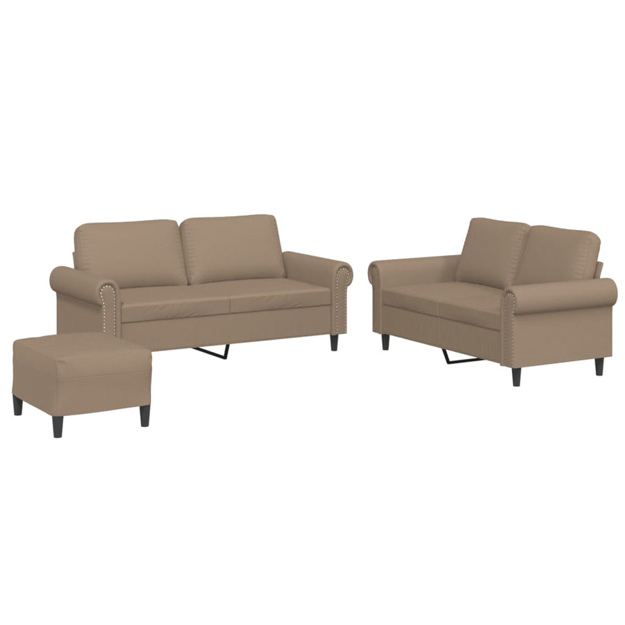 3-delige Loungeset met kussens kunstleer cappuccino Cappuccino met kussens en voetenbankje