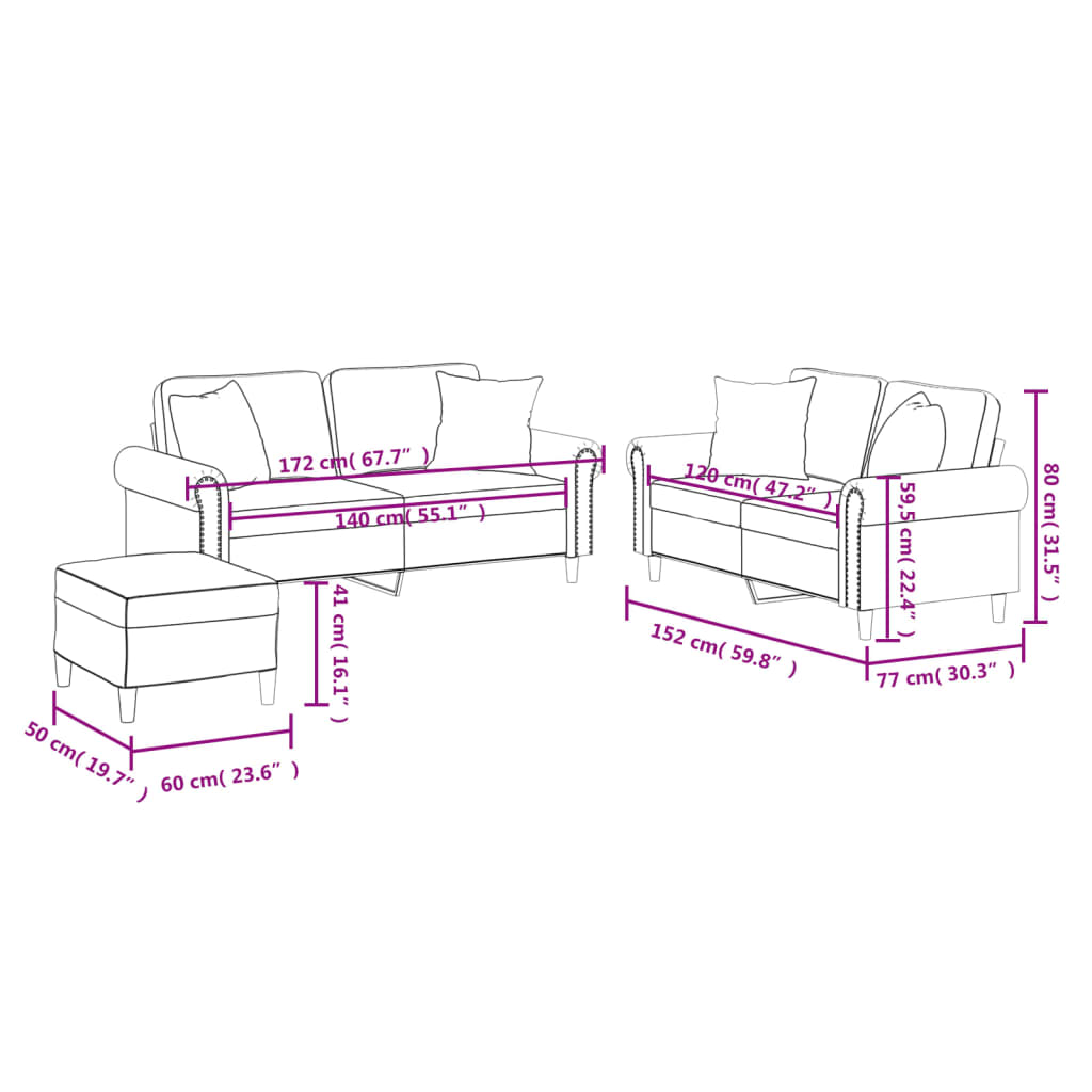 3-delige Loungeset met kussens kunstleer crèmekleurig