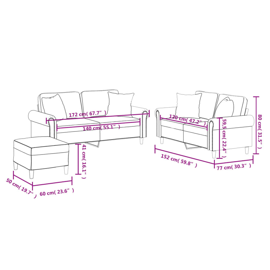 3-delige Loungeset met kussens kunstleer grijs