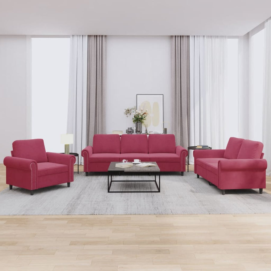 3-Delige Loungeset Fluweel Wijnrood met kussens
