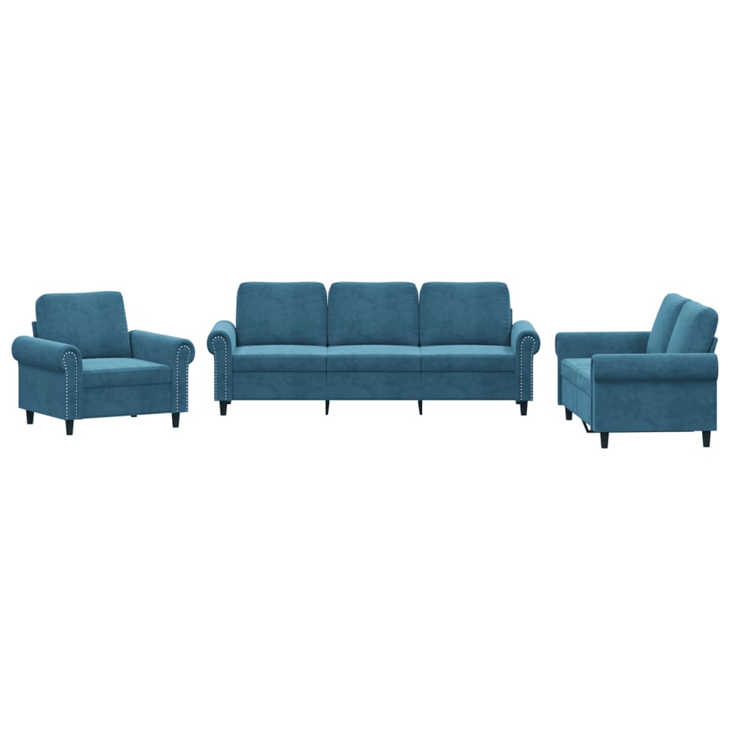 3-delige Loungeset fluweel Blauw met kussens
