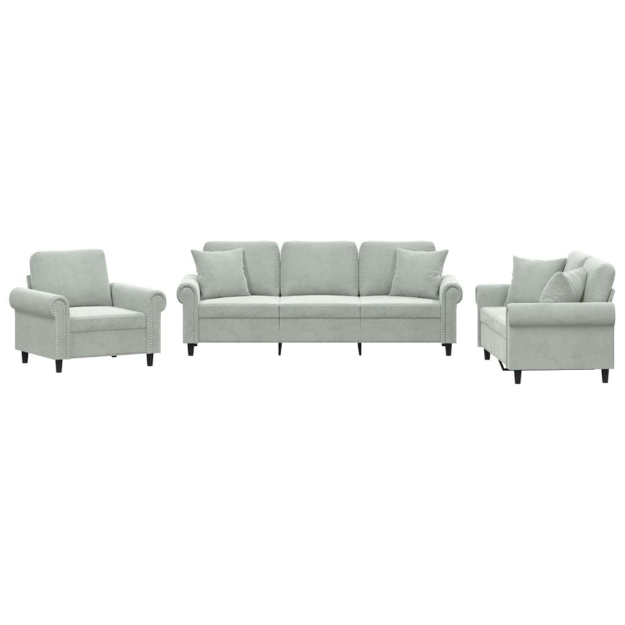 3-delige Loungeset met kussens fluweel lichtgrijs Lichtgrijs met kussens