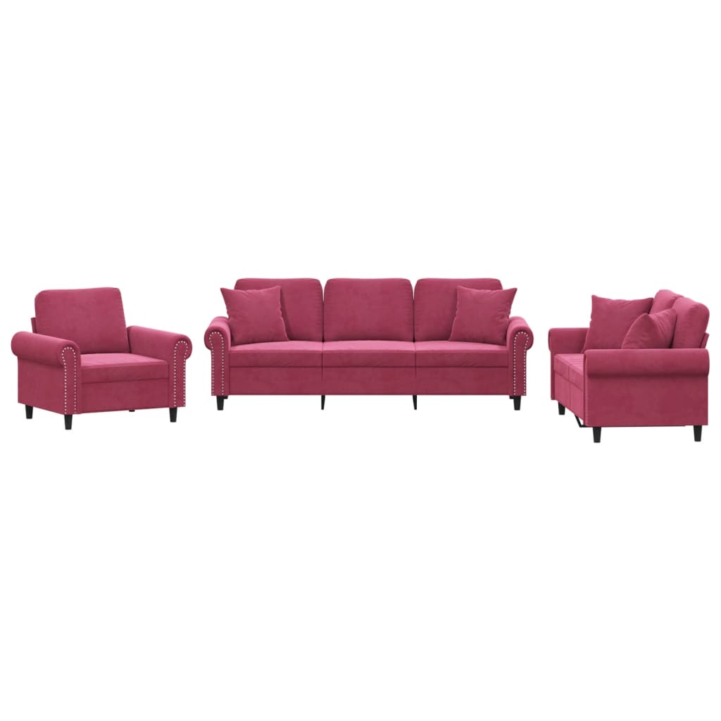 3-delige Loungeset met kussens fluweel wijnrood Wijnrood met kussens