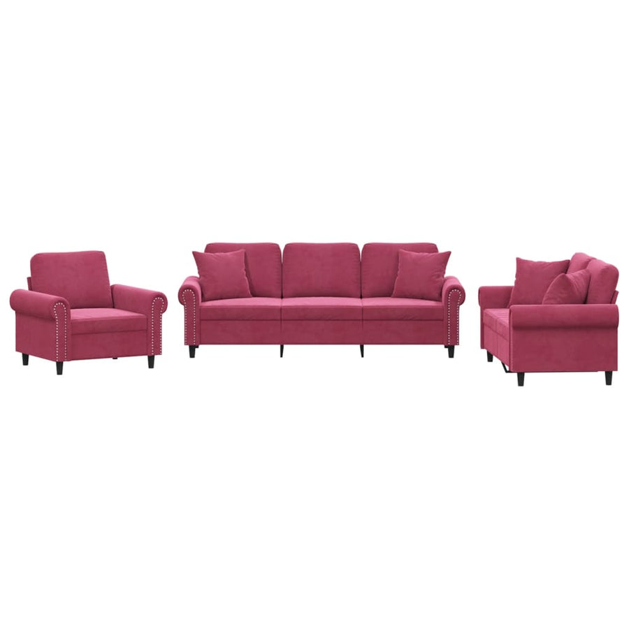 3-delige Loungeset met kussens fluweel wijnrood Wijnrood met kussens