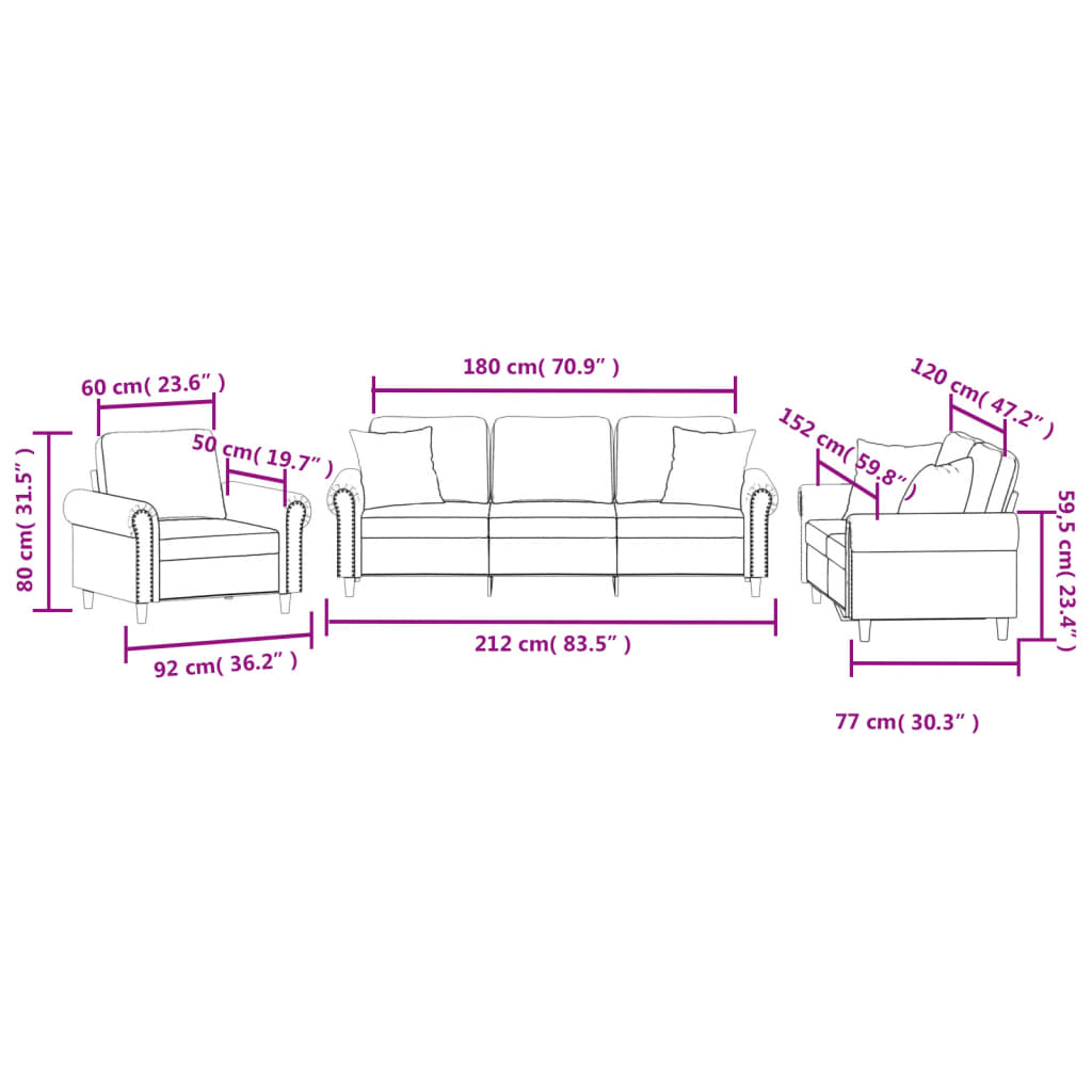 3-delige Loungeset met kussens fluweel wijnrood Wijnrood met kussens