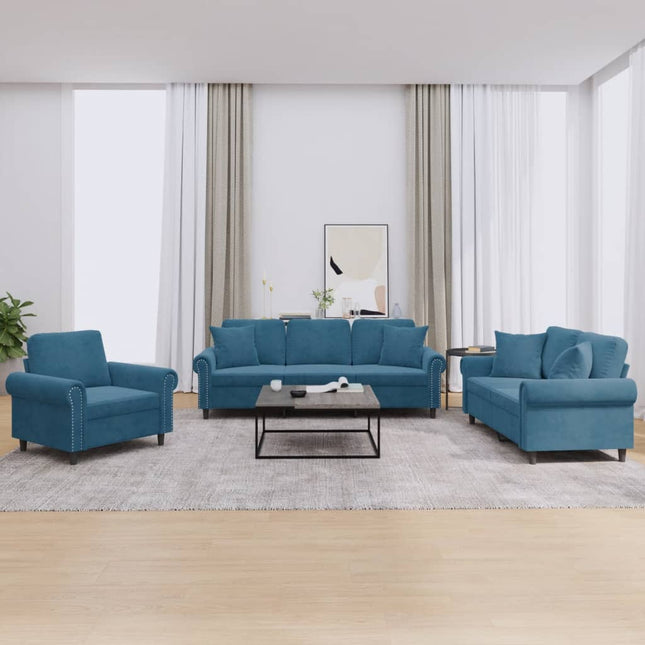 3-delige Loungeset met kussens fluweel blauw Blauw met kussens