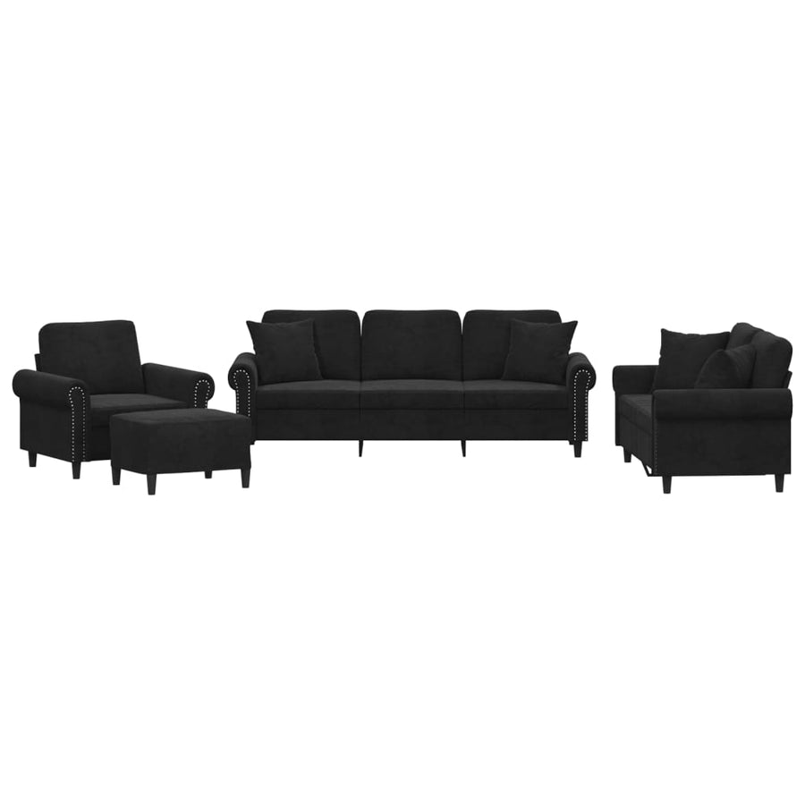 4-delige Loungeset met kussens fluweel zwart Zwart