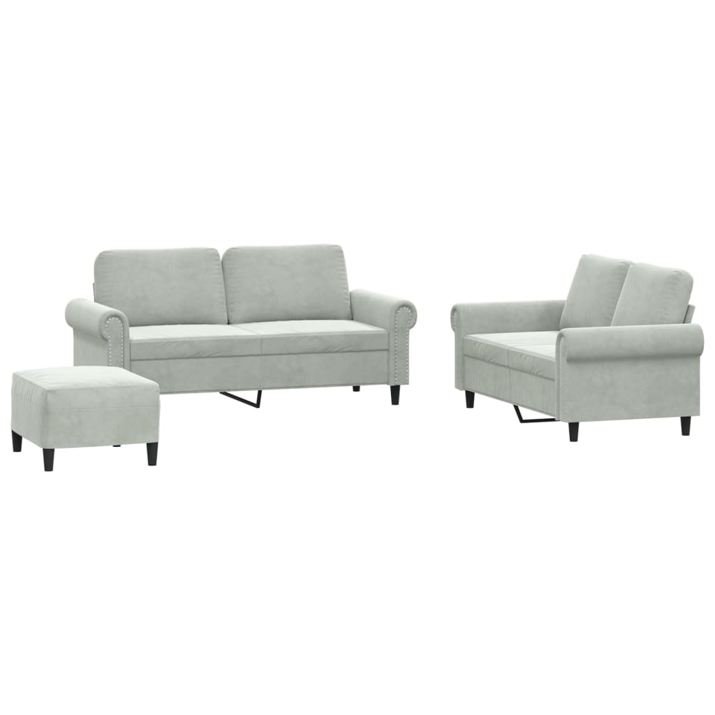 3-Delige Loungeset Met Kussens Fluweel Lichtgrijs met kussens en voetenbankje