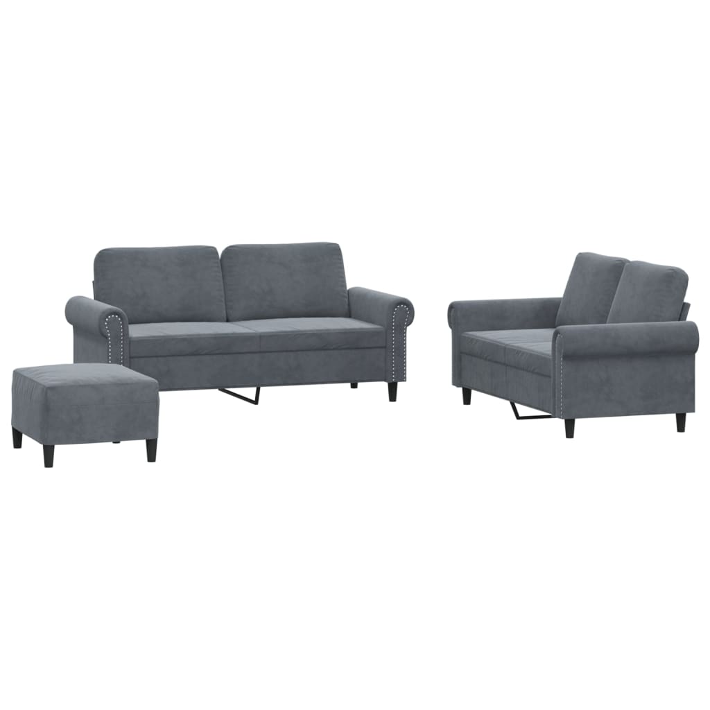 3-delige Loungeset met kussens fluweel donkergrijs Donkergrijs met kussens en voetenbankje
