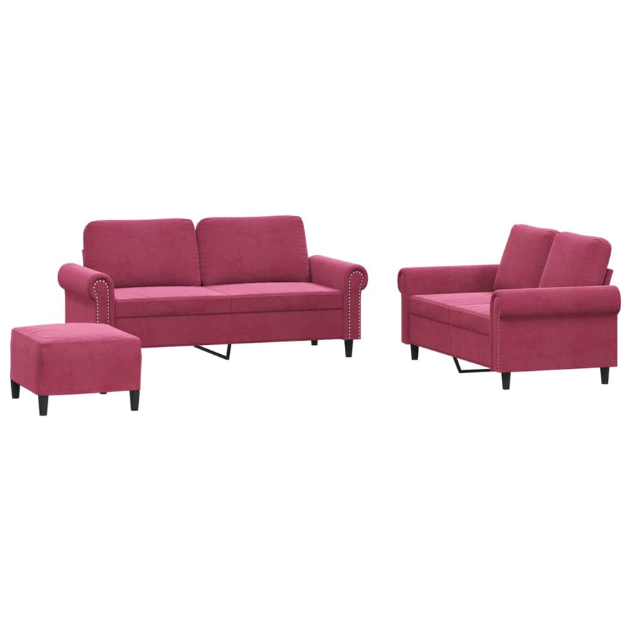 3-delige Loungeset met kussens fluweel wijnrood