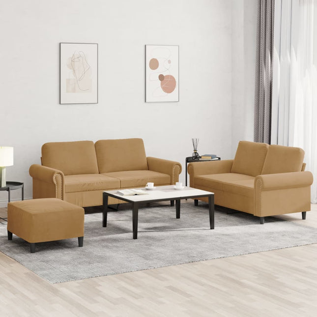 3-delige Loungeset met kussens fluweel bruin