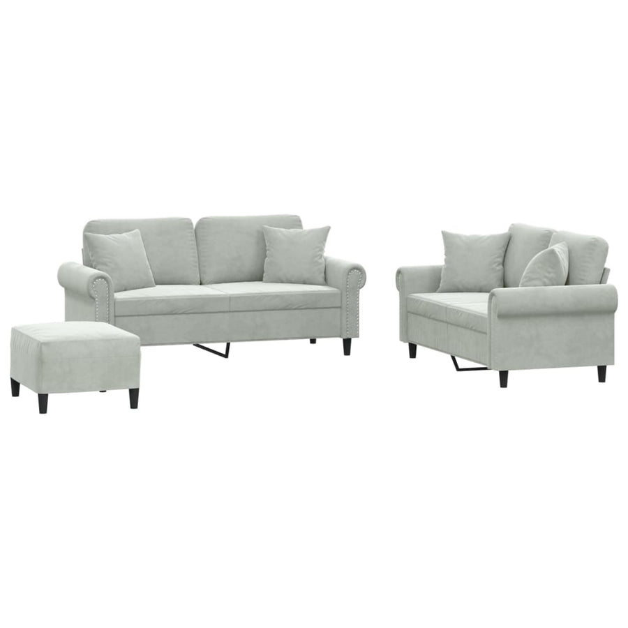 3-delige Loungeset met kussens fluweel lichtgrijs Lichtgrijs met kussens en voetenbankje