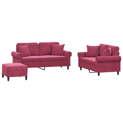 3-delige Loungeset met kussens fluweel wijnrood