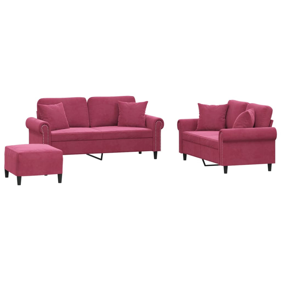 3-delige Loungeset met kussens fluweel wijnrood