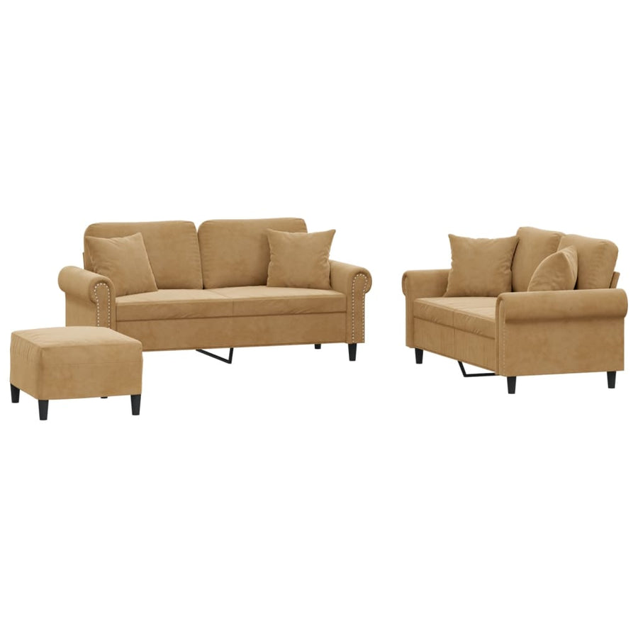 3-delige Loungeset met kussens fluweel bruin