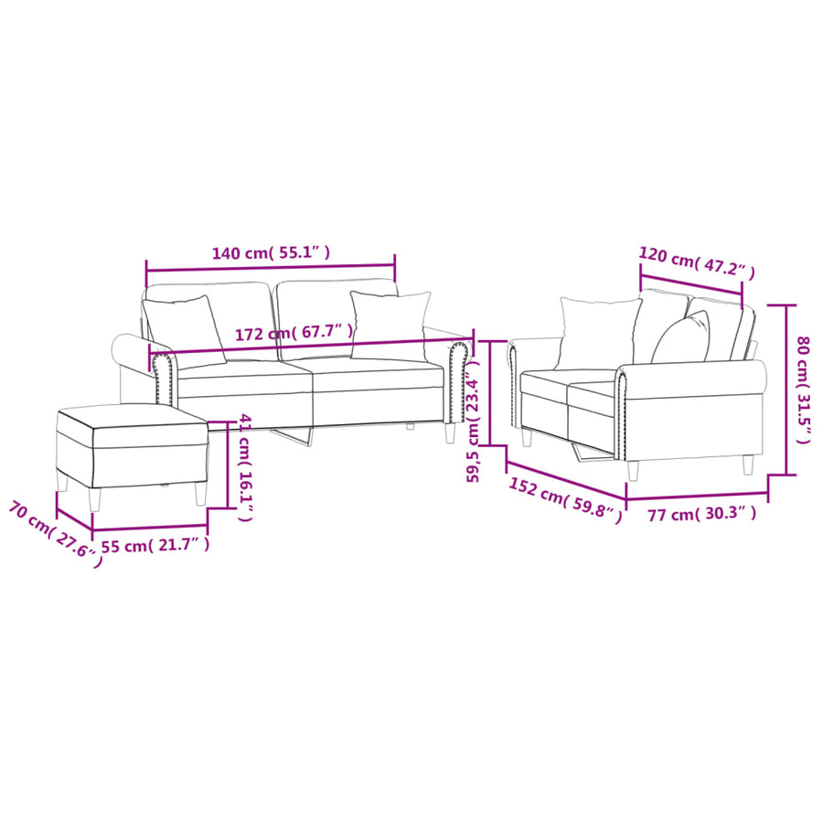 3-delige Loungeset met kussens fluweel bruin