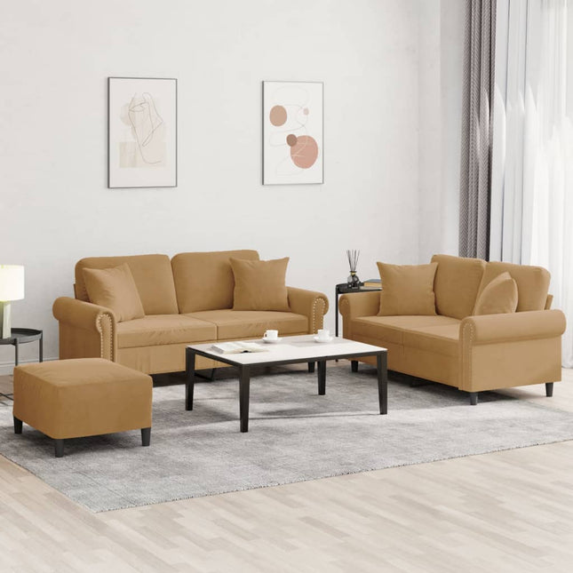 3-delige Loungeset met kussens fluweel bruin