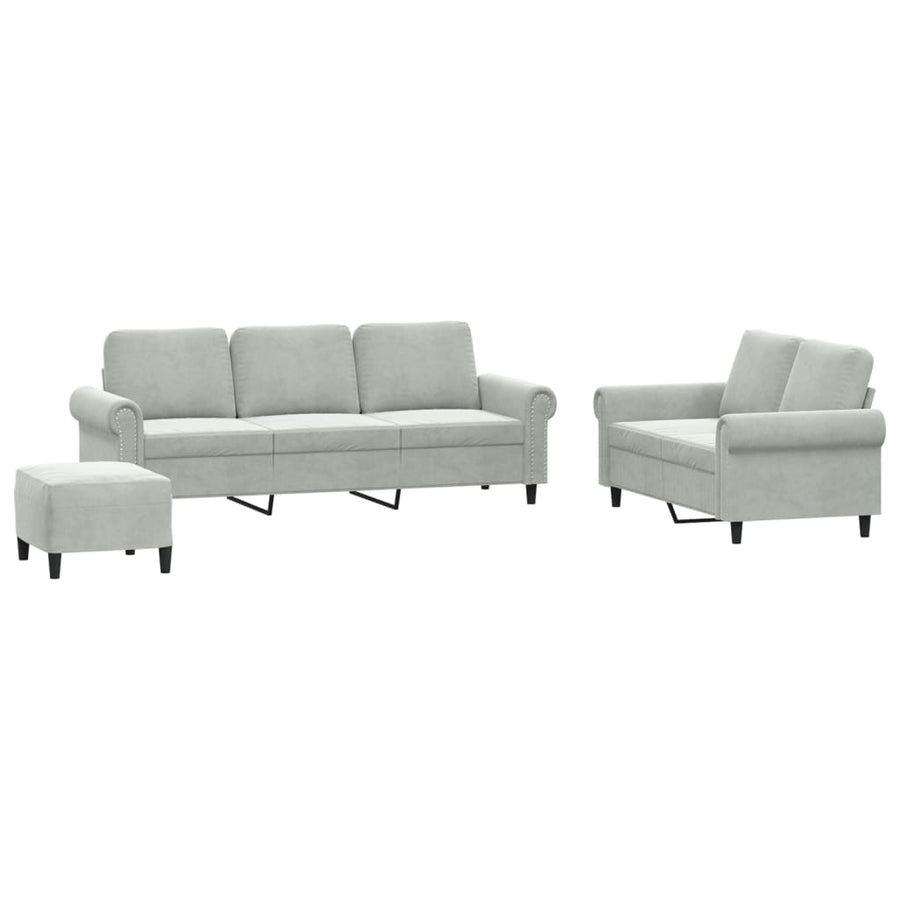 3-Delige Loungeset Met Kussens Fluweel Lichtgrijs met kussens en voetenbankje
