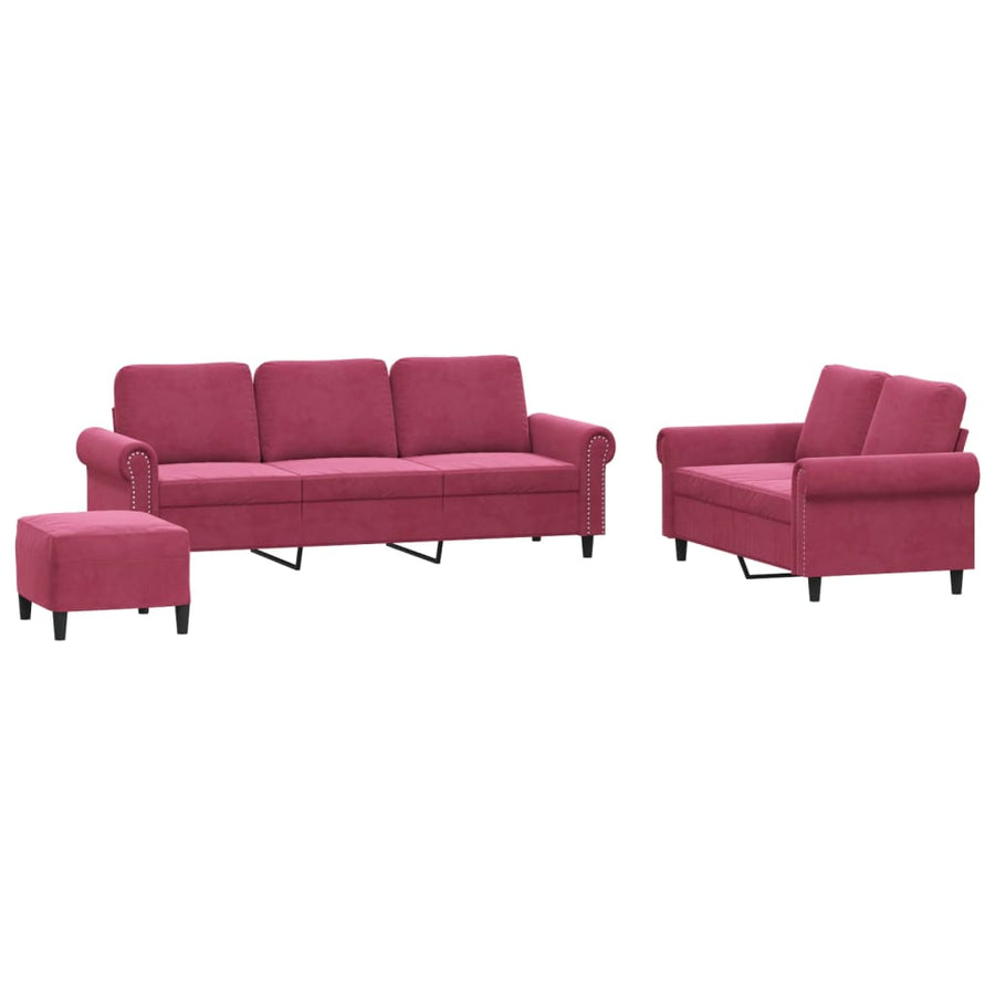 3-delige Loungeset met kussens fluweel wijnrood