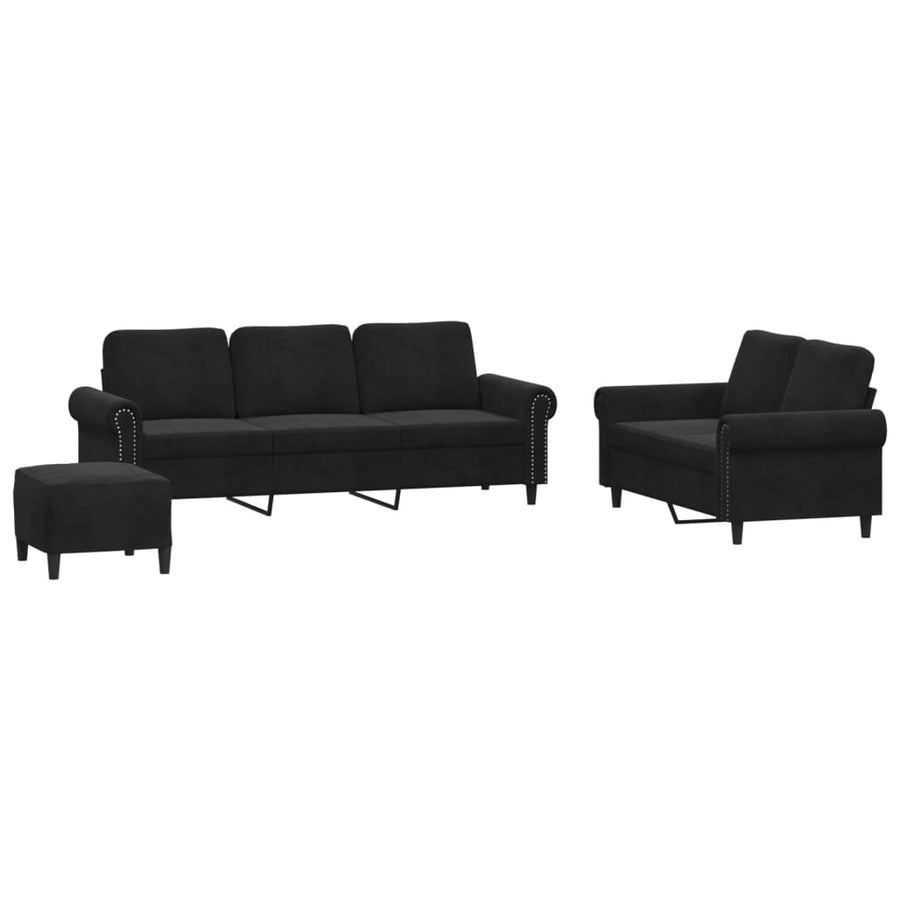 3-delige Loungeset met kussens fluweel zwart Zwart